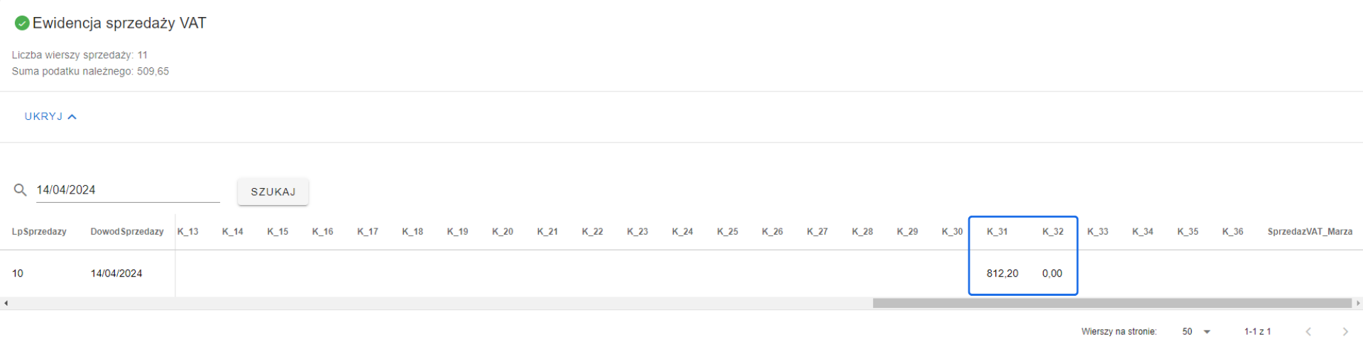 Ewidencja sprzedaży VAT z odwrotnym obciążeniem, data sprzedaży 14/04/2024, kolumny K_31 i K_32, wartość netto 812,20 PLN, wartość VAT 0,00 PLN.