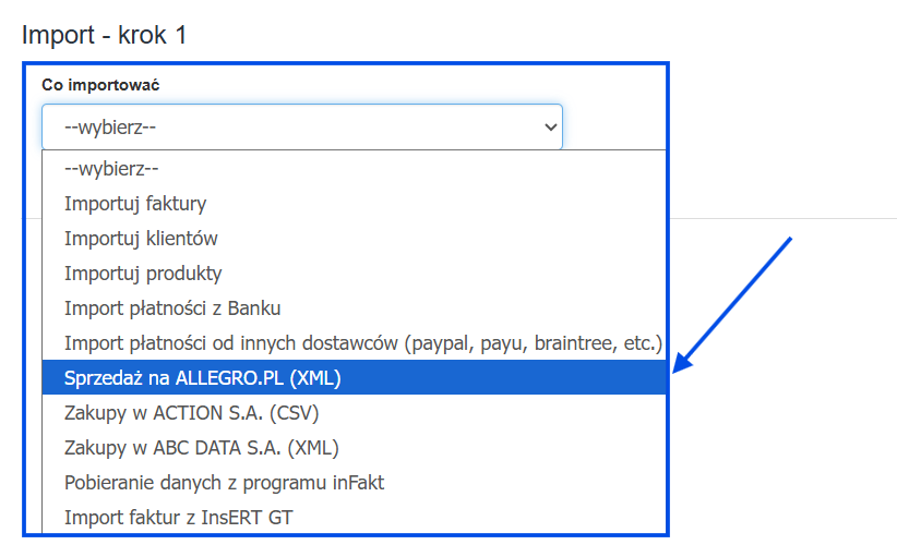 Pole Co importować z wybraną opcją Sprzedaż na Allegro XML w formularzu nowego importu.