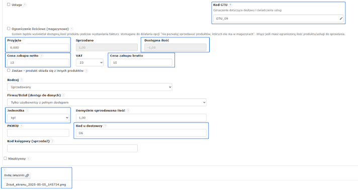 Ustawienia produktu z kodem GTU, ceną zakupu netto, jednostką i załącznikiem graficznym produktu