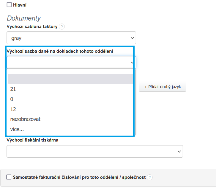 Vychozi sazba dane tohoto oddeleni