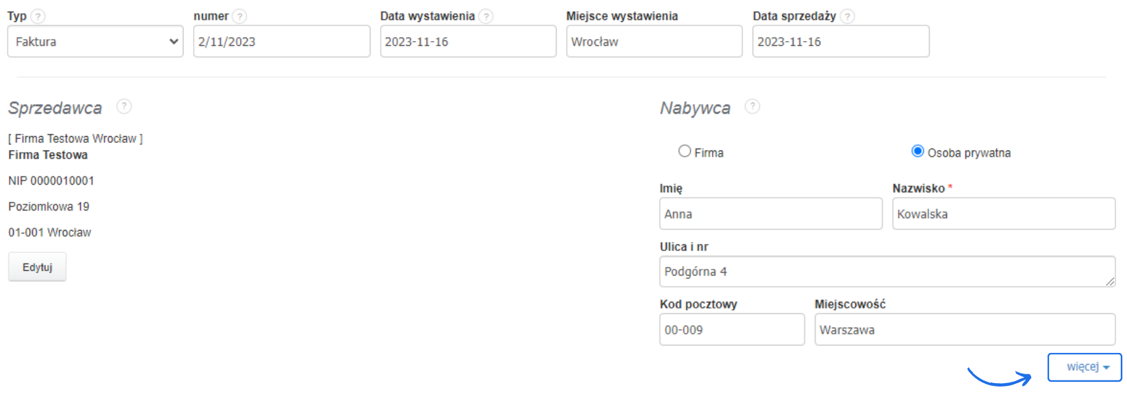 Formularz faktury z danymi sprzedawcy z Wrocławia i nabywcy prywatnego o imieniu Anna z Warszawy