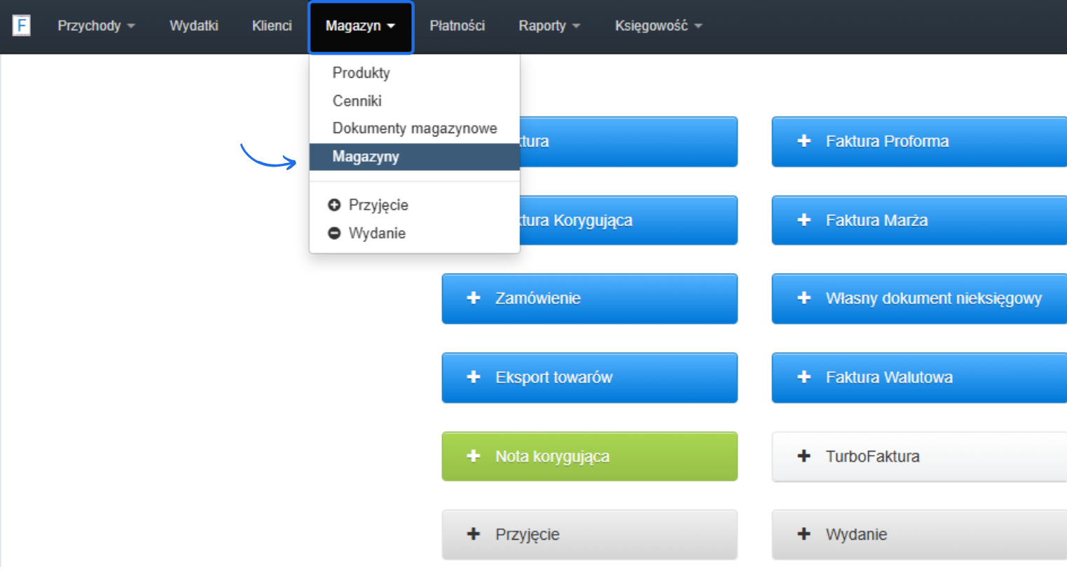 Menu programu z wybraną zakładką 'Magazyn' umożliwiającą dostęp do dokumentów magazynowych, produktów, cenników oraz opcji przyjęcia i wydania.