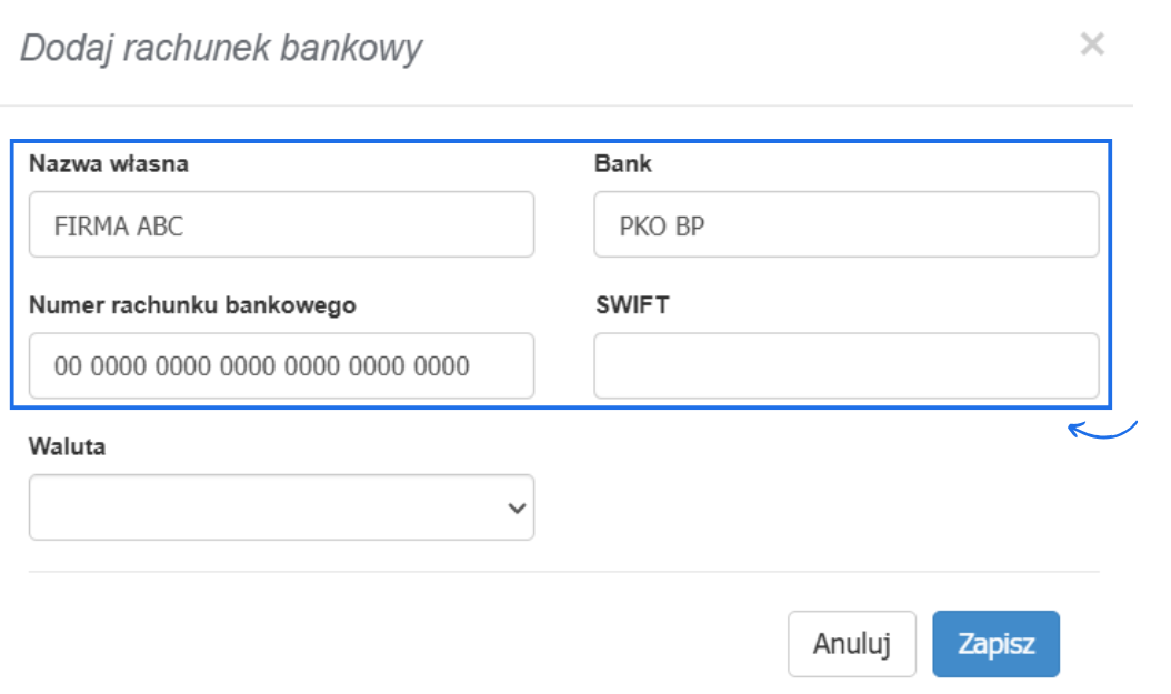 Formularz tworzenia rachunku bankowego w systemie Fakturownia z podstawowymi informacjami odnośnie rachunku jak nazwa konta, nazwa banku i numer rachunku.