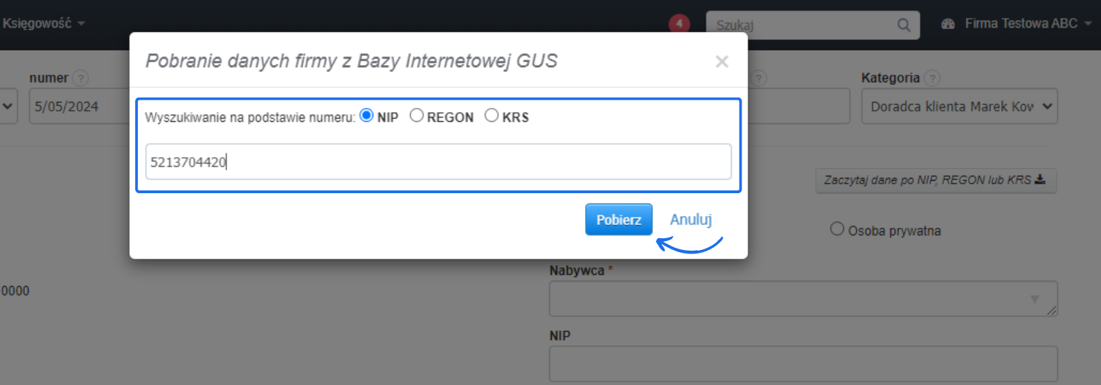 Formularz pobierania danych firmy z bazy GUS w Fakturowni, wprowadzony numer NIP, opcje wyszukiwania po NIP, REGON lub KRS.