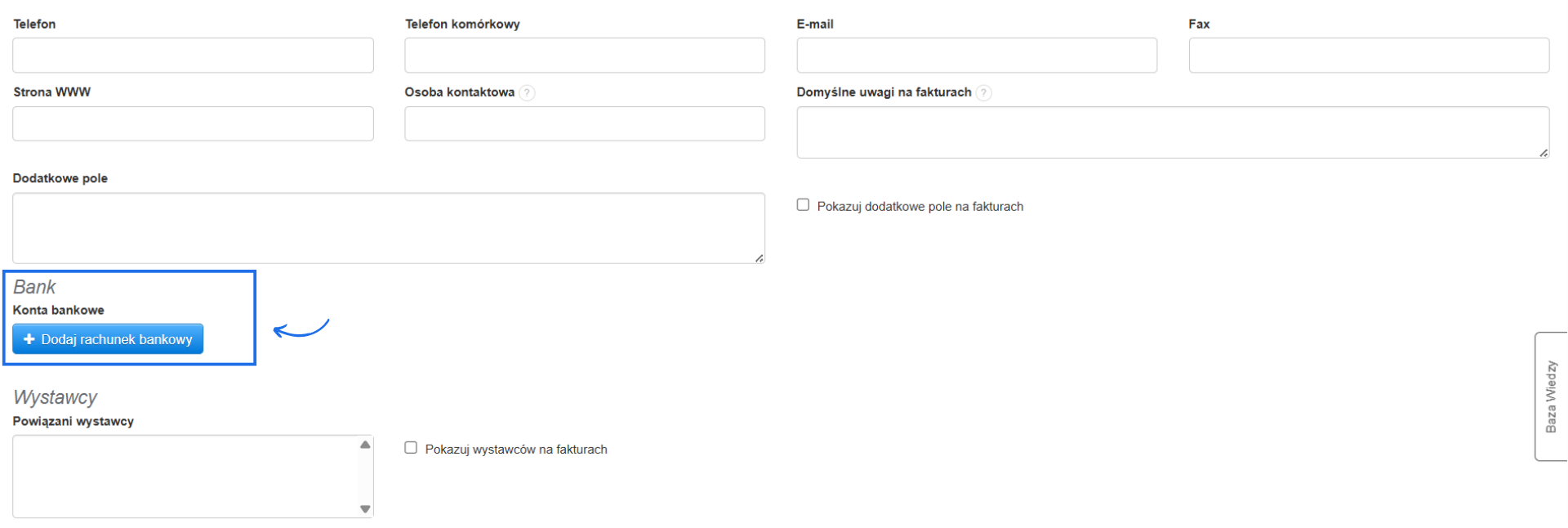 Formularz tworzenia/edycji działu z możliwością dodania informacji odnośnie powiązanego konta bankowego w dedykowanej sekcji Bank za pomocą przycisku Dodaj rachunek bankowy.