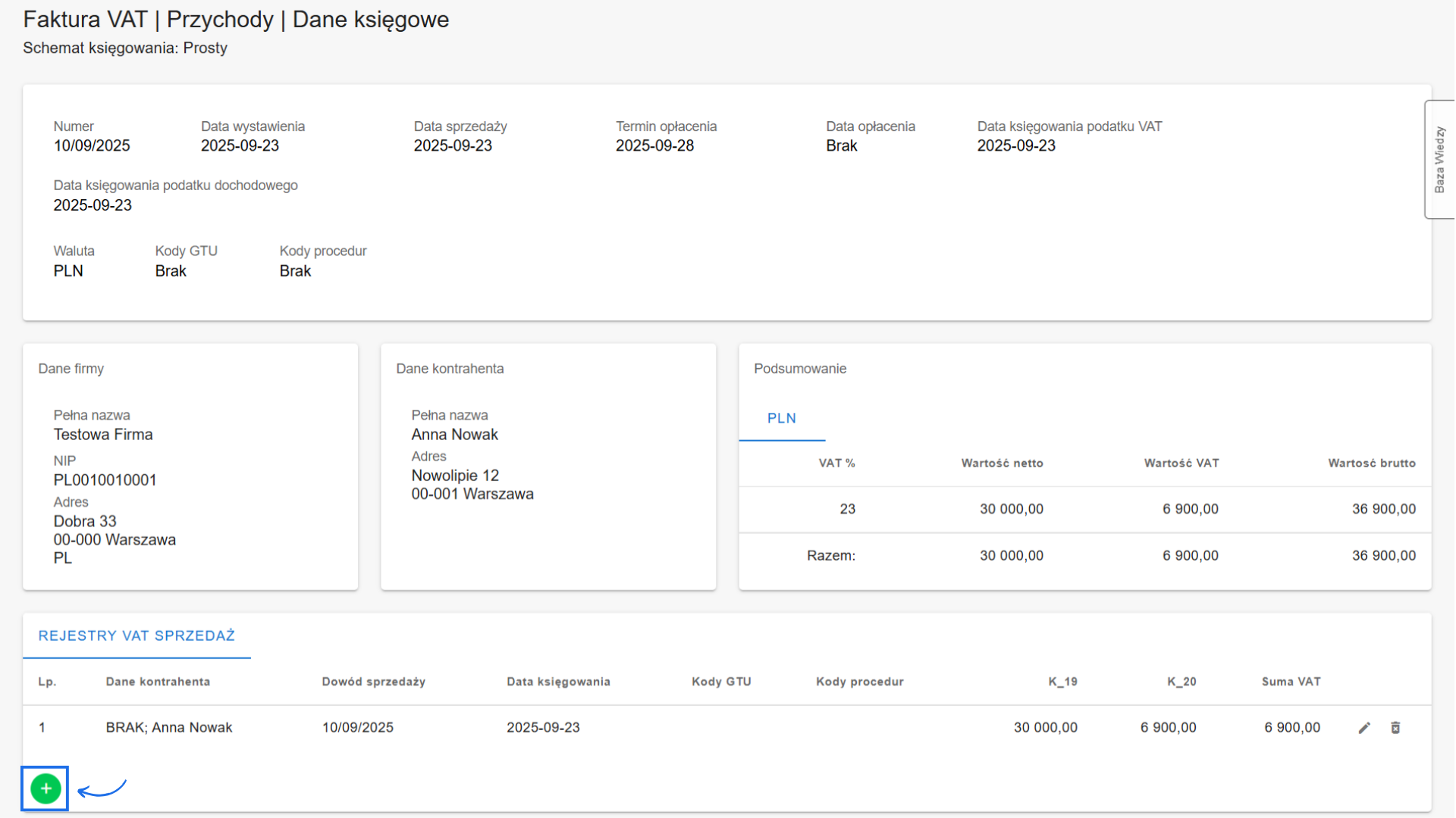 Dane księgowe faktury sprzedażowej w systemie Fakturownia z rejestrami VAT sprzedaży w tym możliwością dodania nowego rejestru.