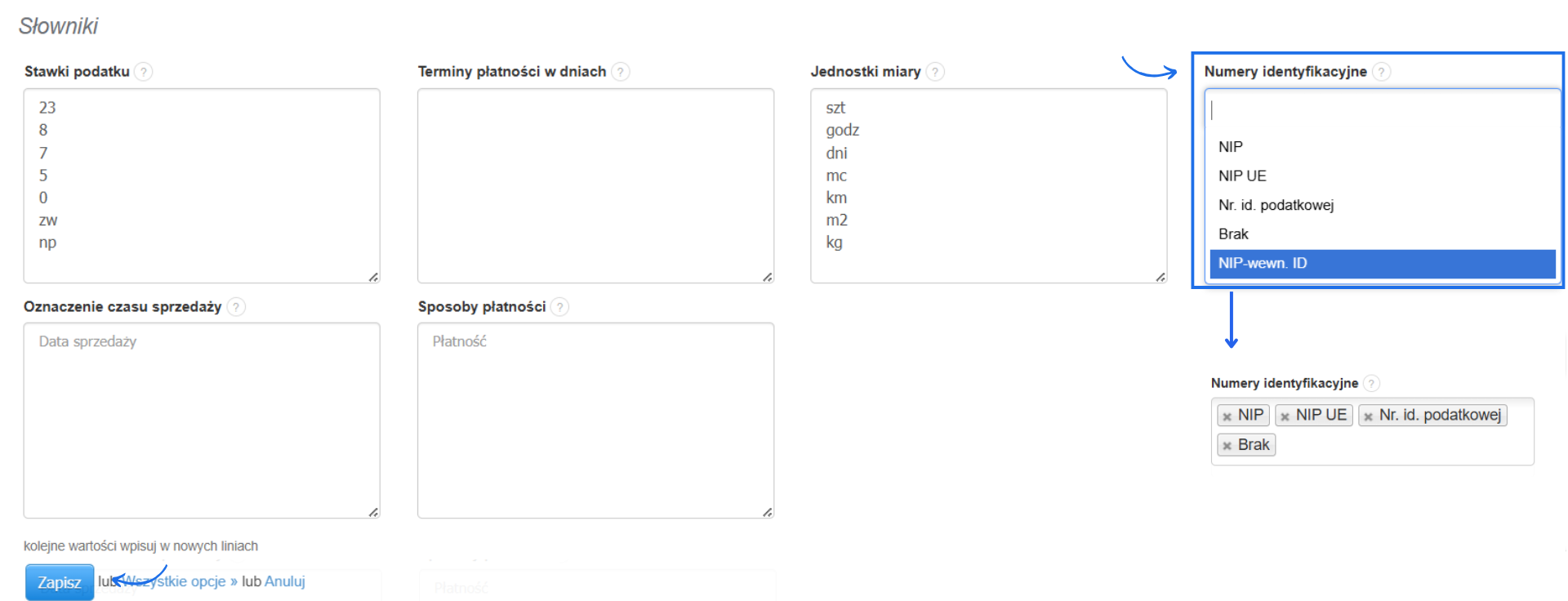 Słowniki w systemie Fakturownia z możliwością dodania własnych stawek czy terminów płatności oraz opcją wyboru numerów identyfikacyjnych z opcji systemowych.