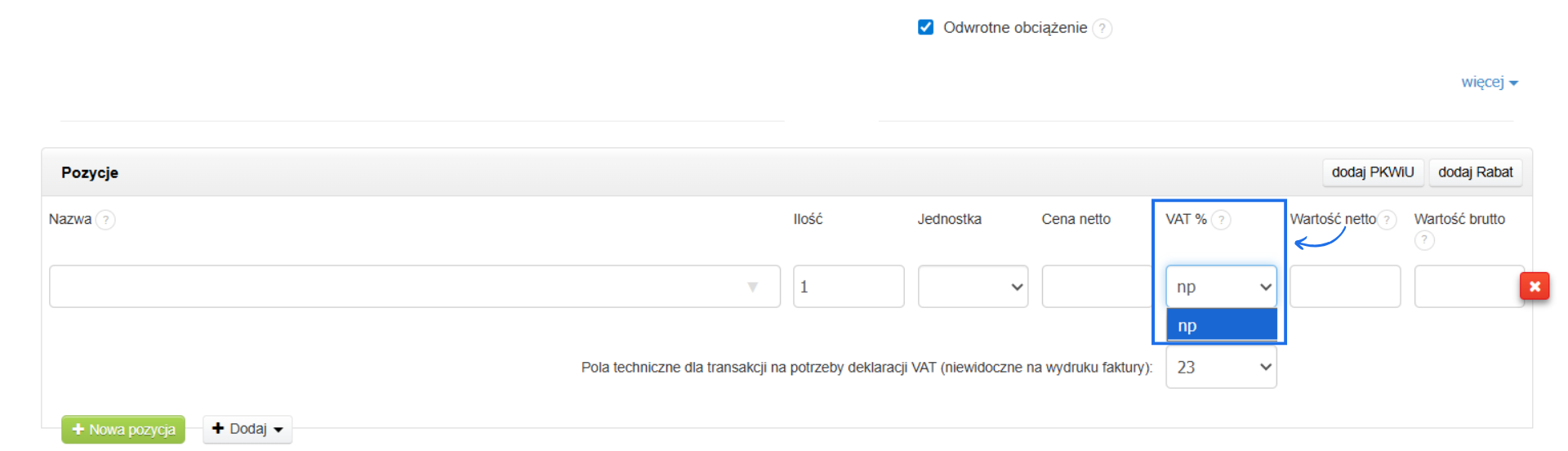 Formularz tworzenia faktury kosztowej w systemie do fakturowania online z pole VAT%, gdzie należy wskazać stawkę podatku z oryginału otrzymanej faktury kosztowej.