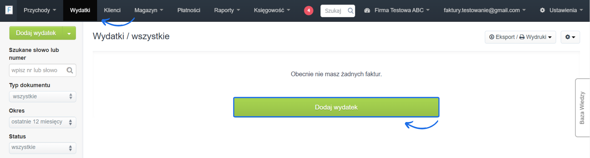 Zakładka wydatki w systemie Fakturownia z możliwością stworzenia faktury kosztowej.