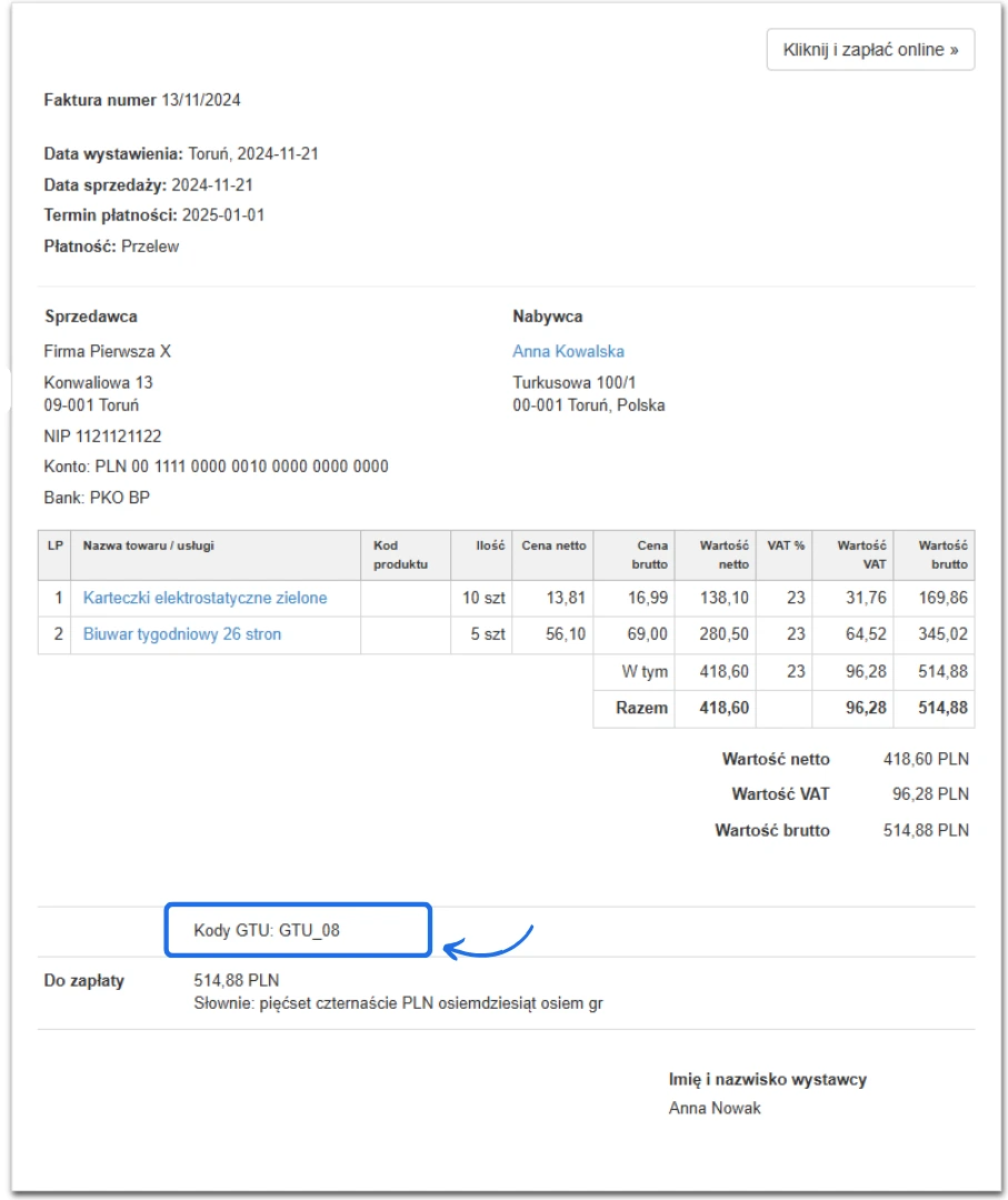 Przykładowa faktura z widocznymi kodami GTU, szczegółami dotyczącymi sprzedawcy, nabywcy, pozycji towarów, wartościami netto i brutto oraz terminem płatności.