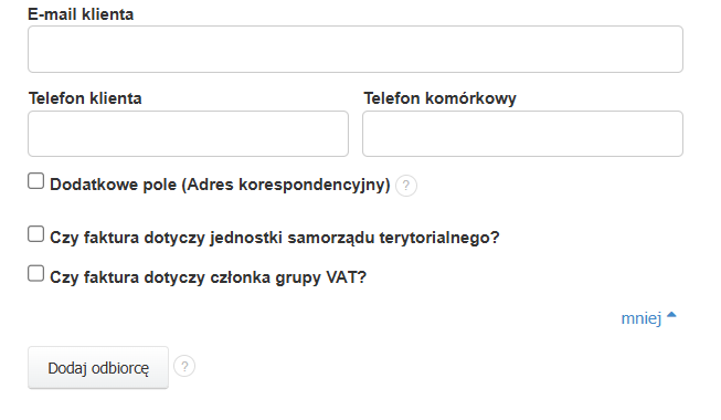Dane Nabywcy na formularzu tworzenia faktury z dodatkowymi oznaczeniami na potrzeby KSeF - JST i GV.