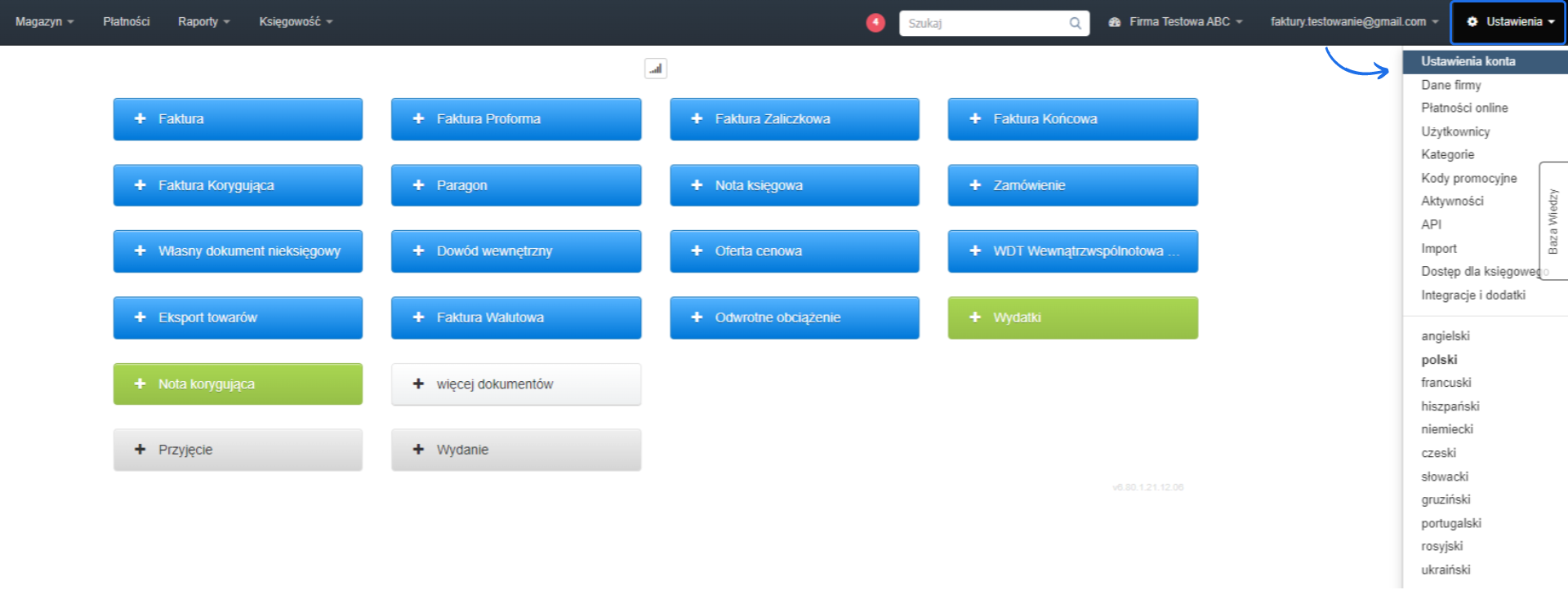 Panel główny systemu Fakturowania z widocznymi opcjami tworzenia dokumentów i menu ustawień konta w prawym górnym rogu.