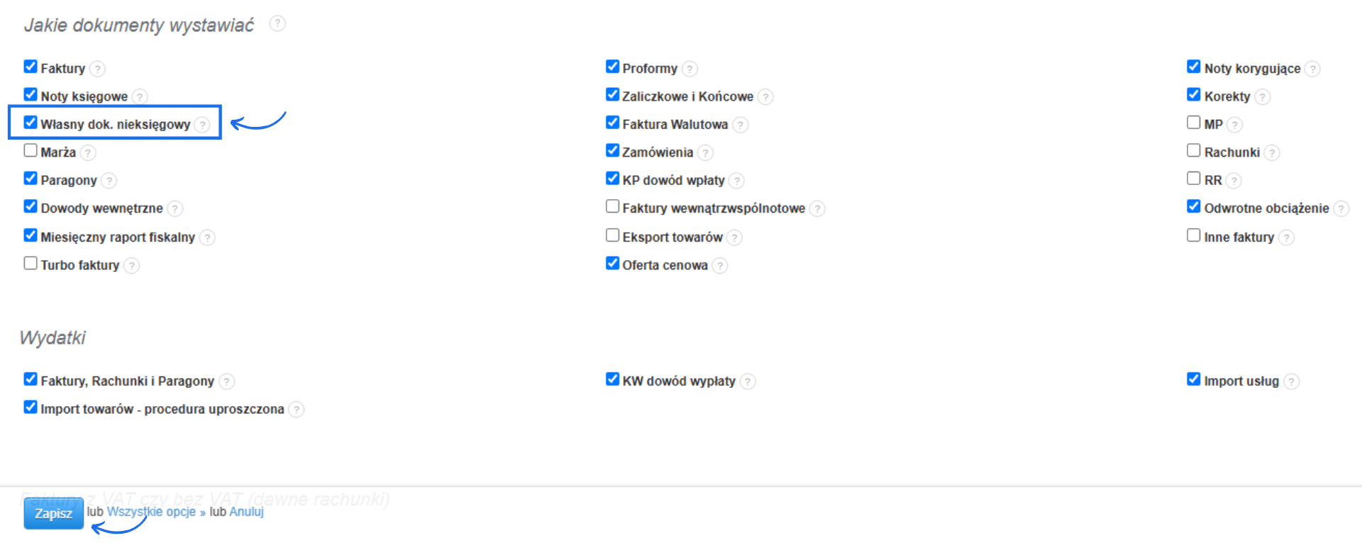Ustawienia dokumentów w Fakturowni z zaznaczoną opcją Własny dok. nieksięgowy i widocznym przyciskiem Zapisz.