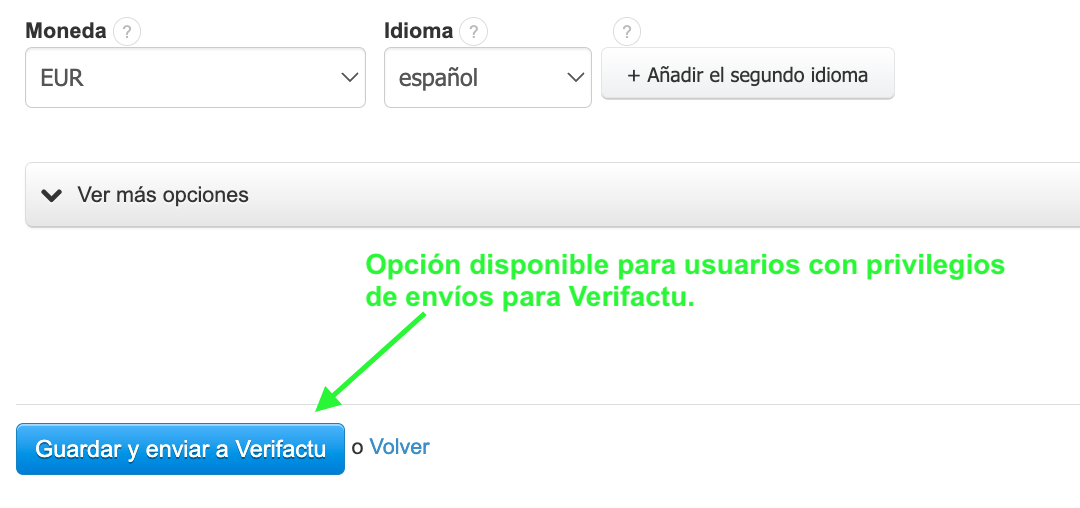 Formulario de factura con botón Guardar y enviar a VERIFACTU habilitado
