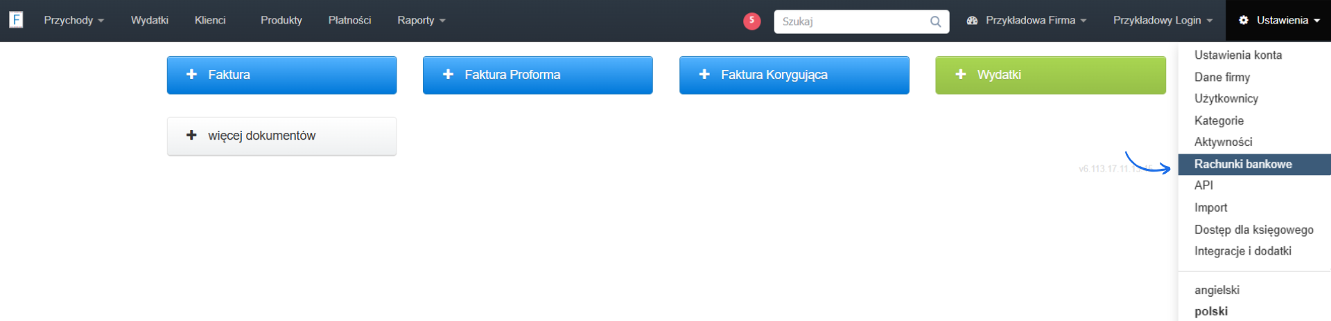 Strona główna konta w systemie Fakturownia z aktywną zakładką Ustawienia i wybraną opcją Rachunki bankowe oraz przyciskami do bezpośredniego wystawiania dokumentów.
