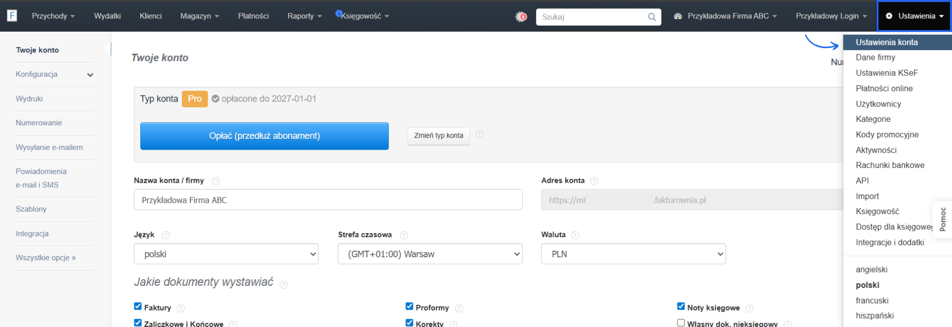 Ustawienia konta - włączanie opcji faktury wewnętrzwspólnotowe.