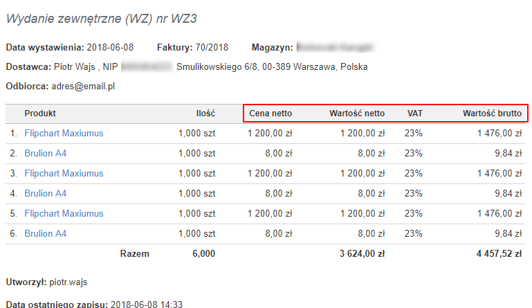 wz cena sprzedaży zapisany