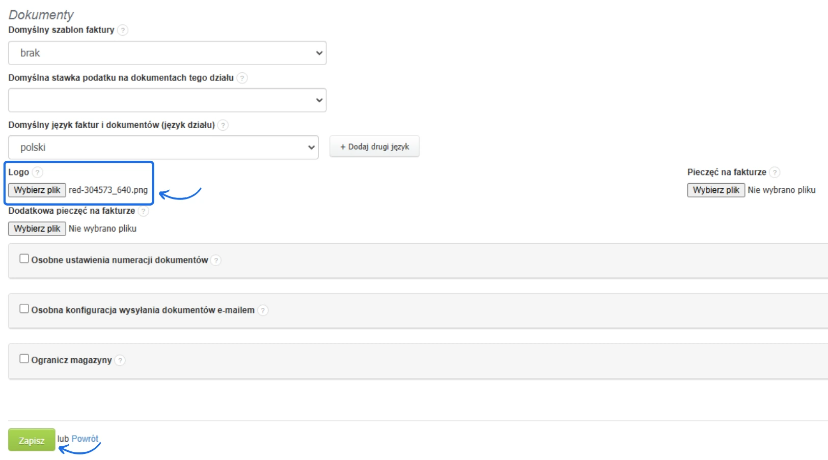Ekran konfiguracji działu z opcjami ustawienia logo, domyślnej stawki podatku, języka dokumentów i dodatkowej pieczęci na fakturze.