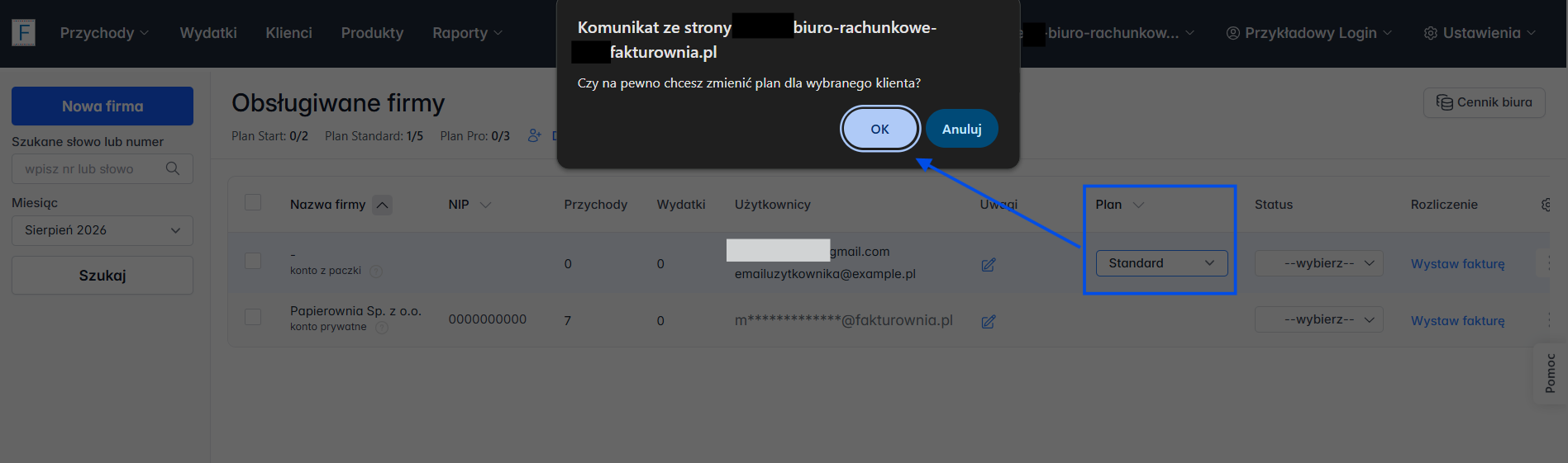 Komunikat systemowy w celu potwierdzenia zmiany planu dla konta z paczki.