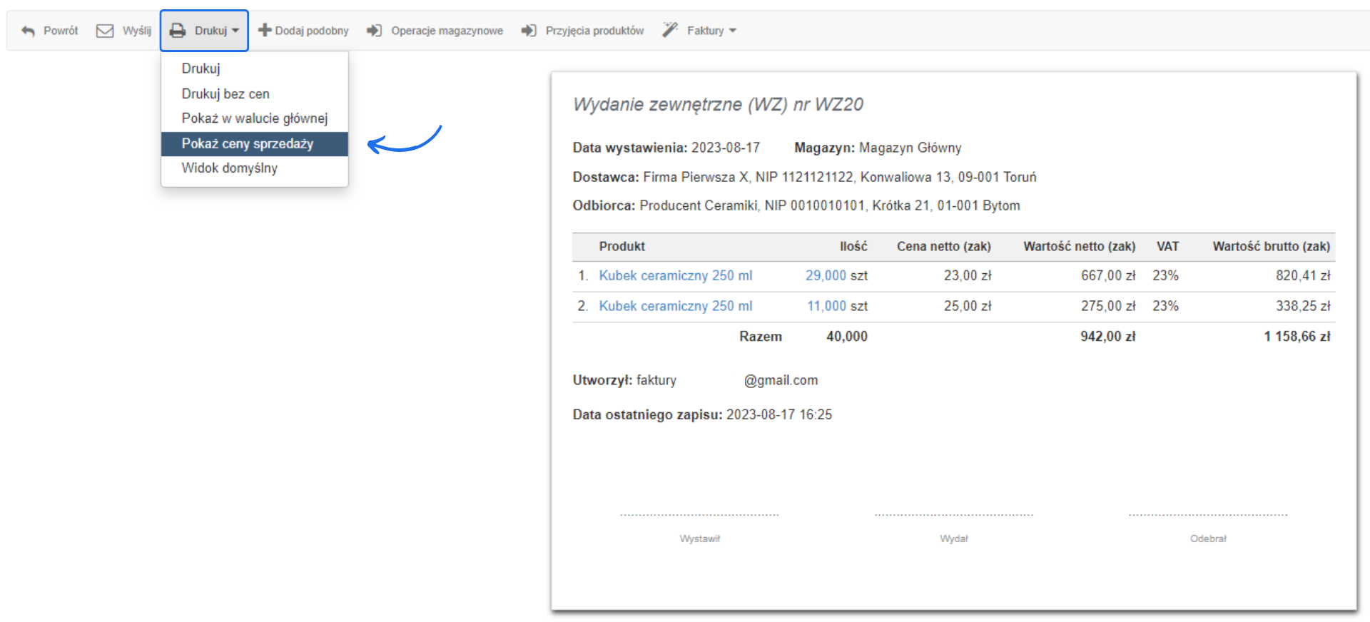 Opcja Pokaż ceny sprzedaży na liście druku dokumentu magazynowego WZ.