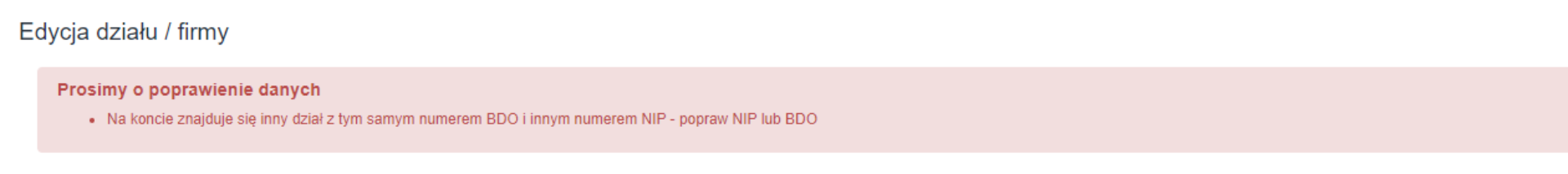 Systemowy komunikat o błędzie z prośbą o poprawienie danych firmy z powodu błędnego numeru NIP i BDO.
