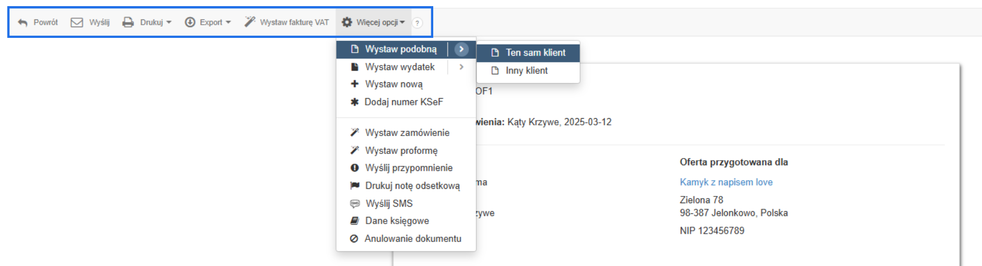 Menu interfejsu użytkownika z opcjami dokumentów takimi jak faktury, zamówienia, i korekty, wraz z przyciskiem do wyświetlania dodatkowych opcji.