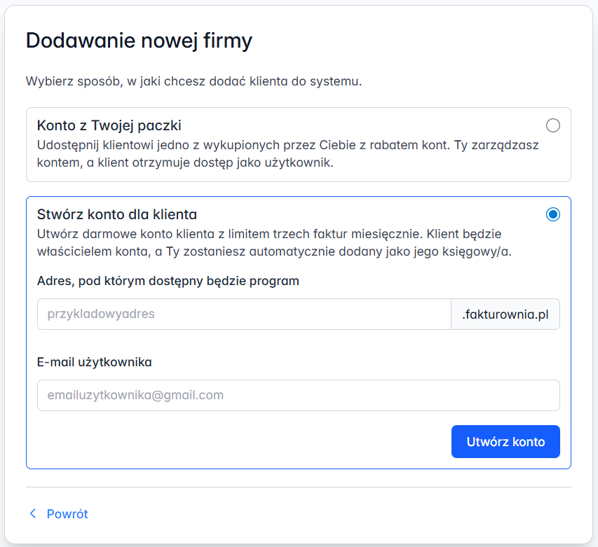 Dodawanie nowej firmy w ramach panelu obsługiwanych firm poprzez opcję stworzenia nowego konta dla klienta.
