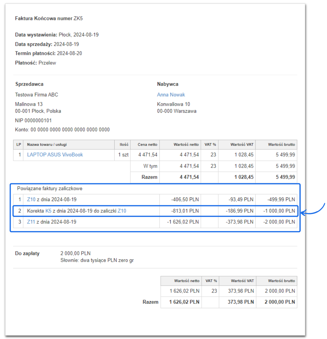 Faktura końcowa numer ZK5 z pozycją 'Laptop ASUS VivoBook' i wyszczególnionymi powiązanymi fakturami zaliczkowymi oraz korektą do jednej z zaliczek.