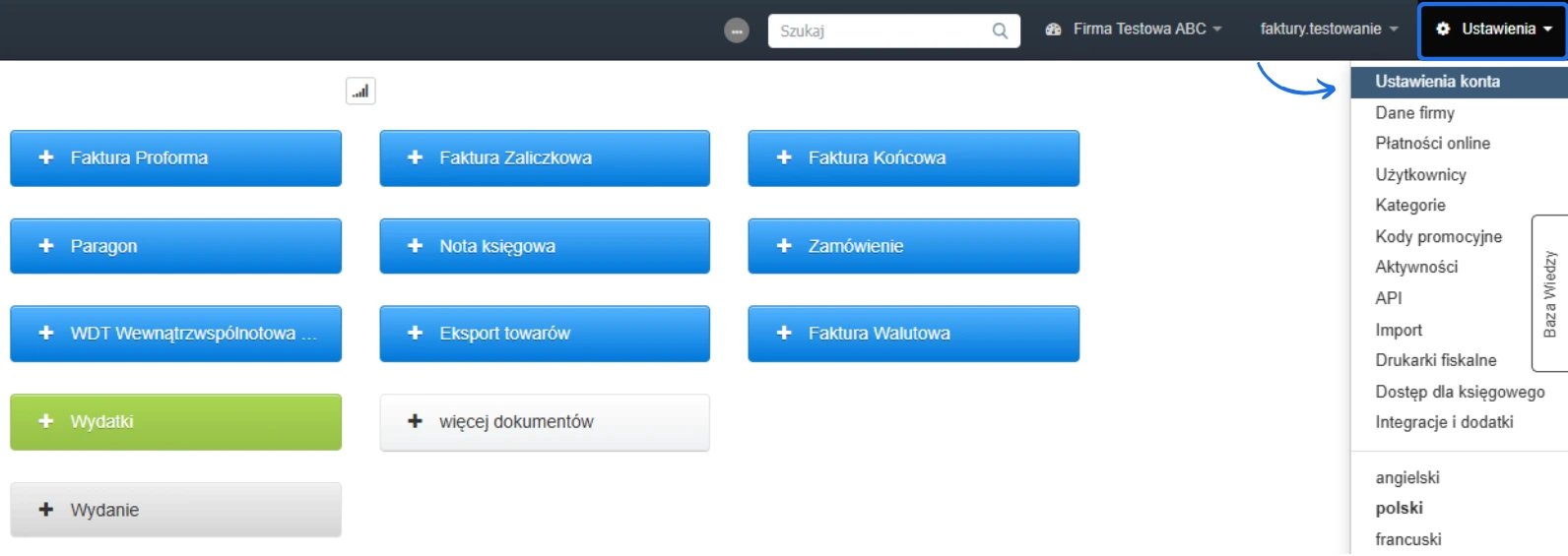 Menu ustawień konta w systemie Fakturowania z widocznymi opcjami, takimi jak użytkownicy, kategorie, API i integracje z dodatkami.