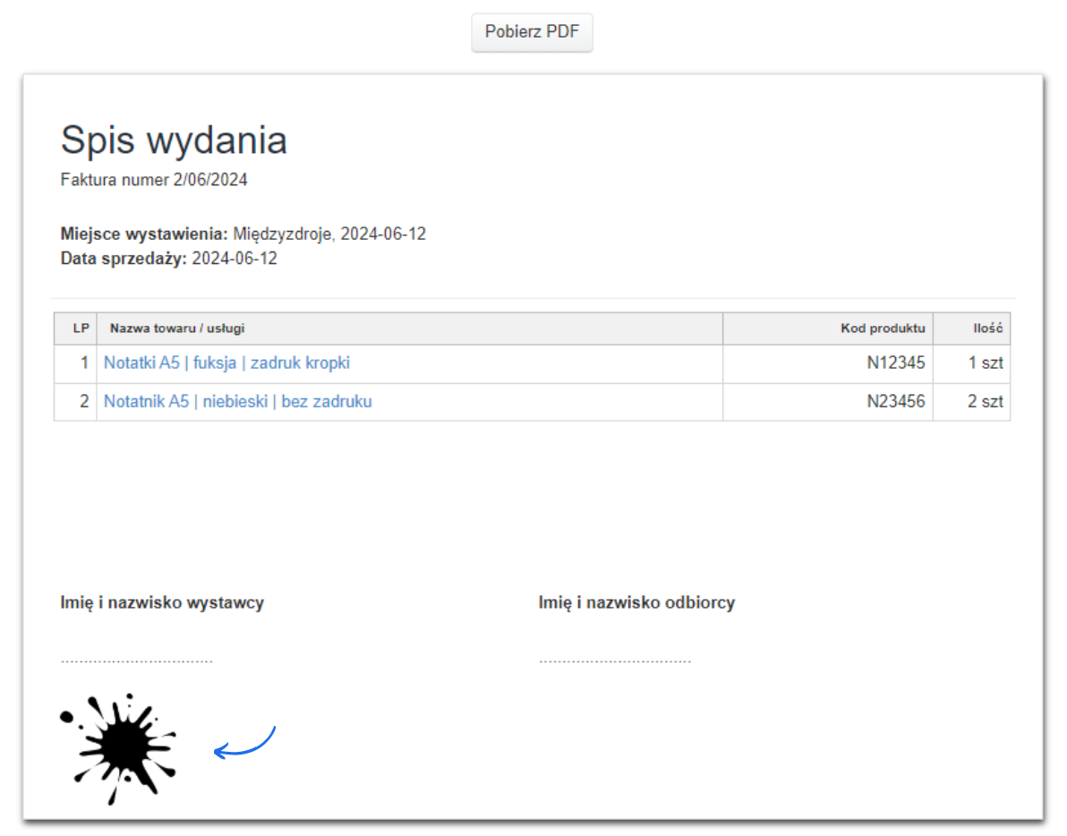 Spis wydania dla faktury numer 2/06/2024 z listą i ilością produktów, miejscem wystawienia, datą sprzedaży, przycisk Pobierz PDF u góry i pieczęcią wystawcy.