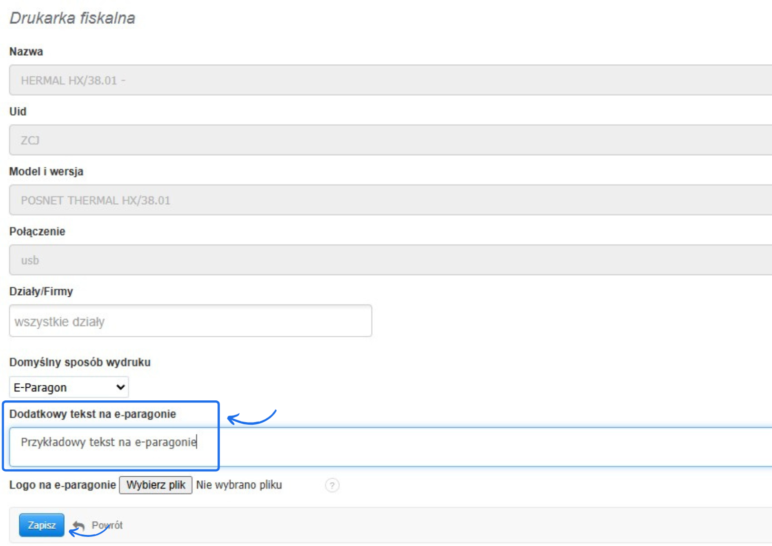 Edycja drukarki fiskalnej z polem na dodatkowy tekst i logo do e-paragonu w systemie Fakturownia.