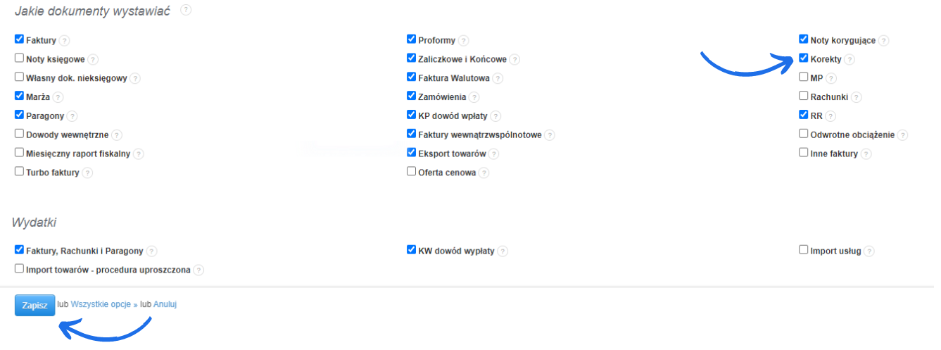 Ustawienia dokumentów do wystawienia w systemie Fakturownia.pl z wybranymi opcjami: faktury, paragony, korekty, noty korygujące.