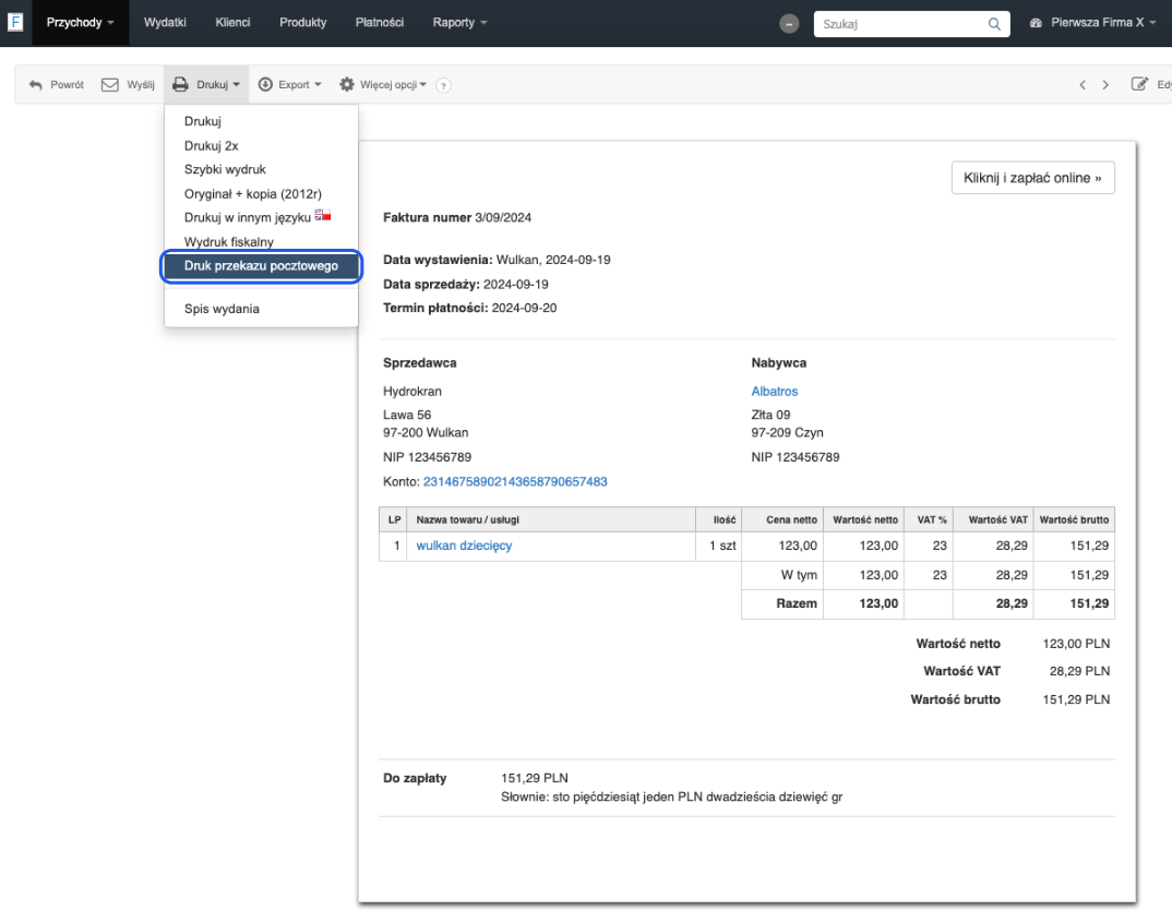 Podgląd faktury z opcją wydruku przekazu pocztowego, szczegóły zamówienia i dane sprzedawcy w systemie do zarządzania fakturami