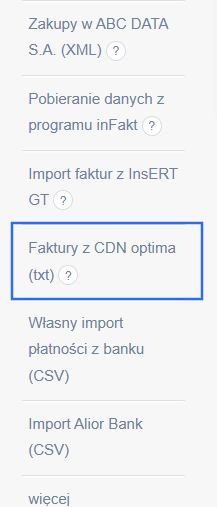 Lista importów dostępnych w systemie Fakturownia z zaznaczoną opcją 'Faktury z CDN optima (txt).