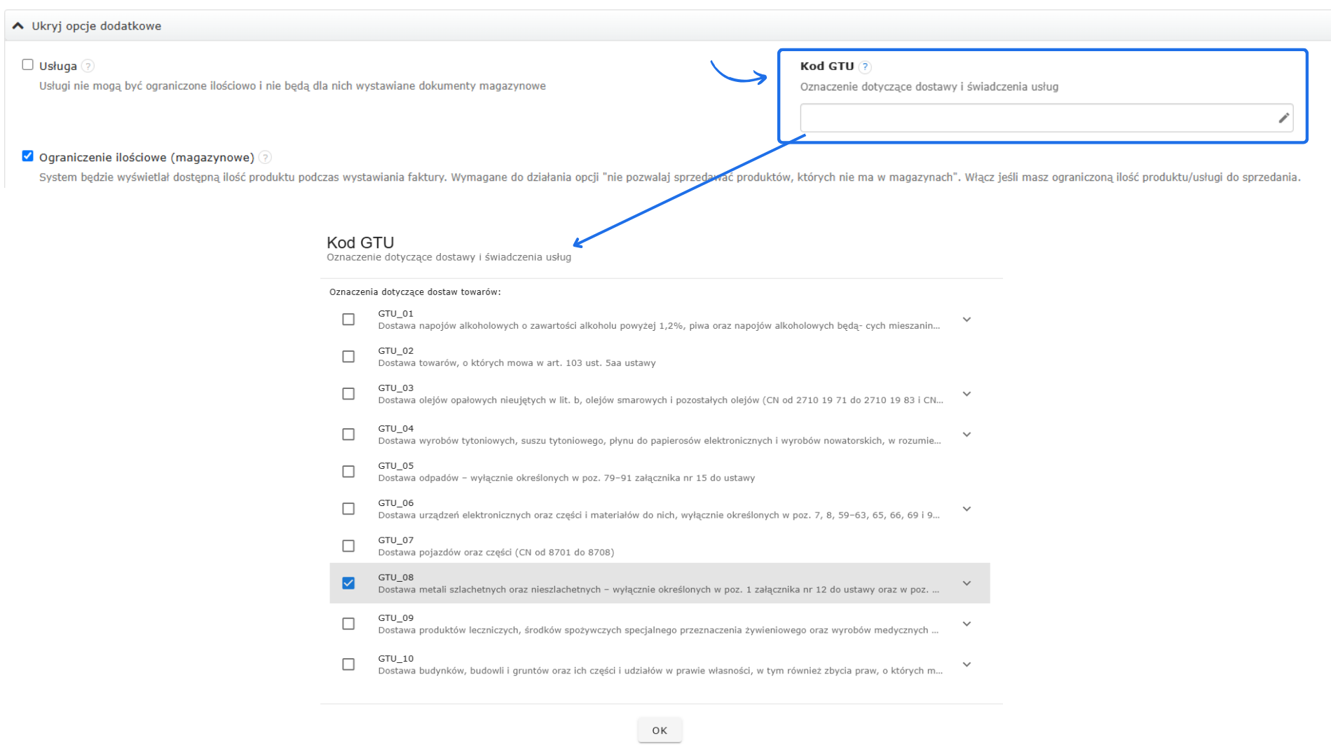 Opcje dodatkowe produktu z zaznaczeniem ograniczenia ilościowego i rozwijaną listą wyboru kodów GTU dla oznaczenia dostawy lub usług.