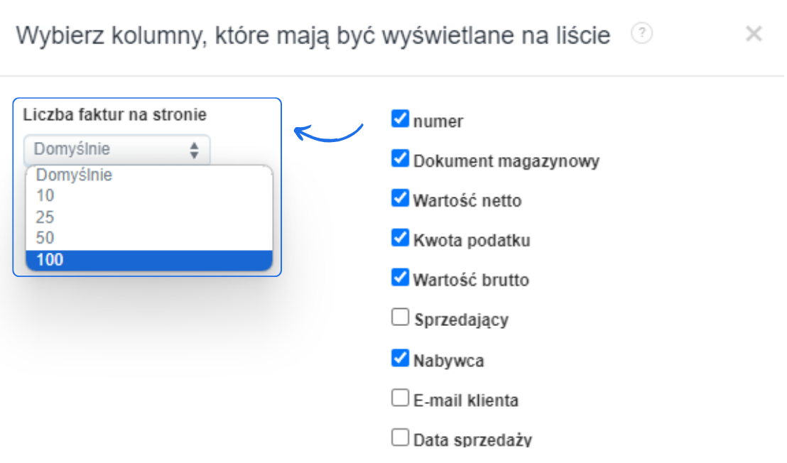 Ustawienia listy faktur z rozwijanym menu do wyboru liczby faktur na stronie oraz zaznaczonymi kolumnami, takimi jak numer i nabywca.