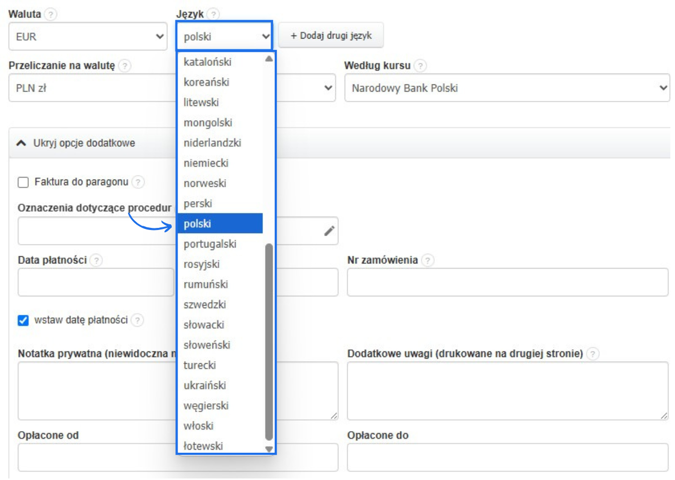 Formularz tworzenia faktury z opcją wyboru języka głównego dokumentu. 