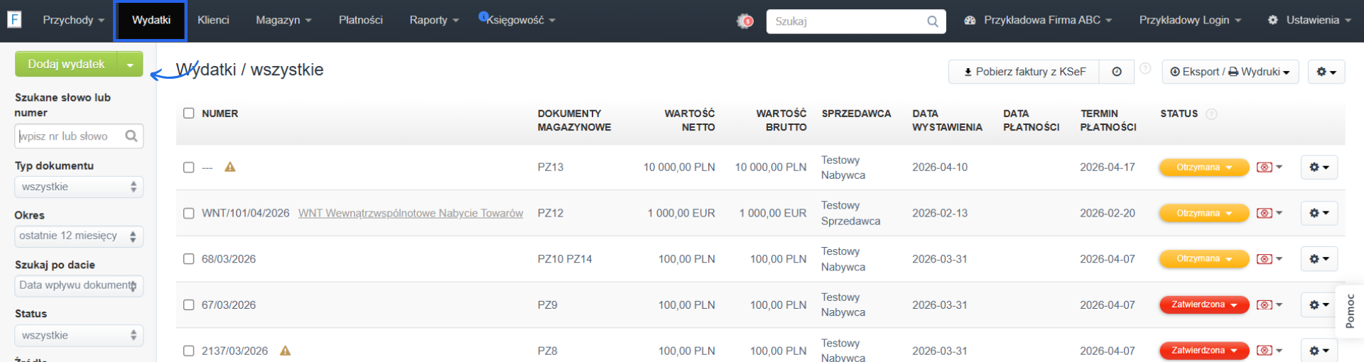 Lista wydatków w systemie Fakturownia z przyciskiem do utworzenia nowego wydatku.