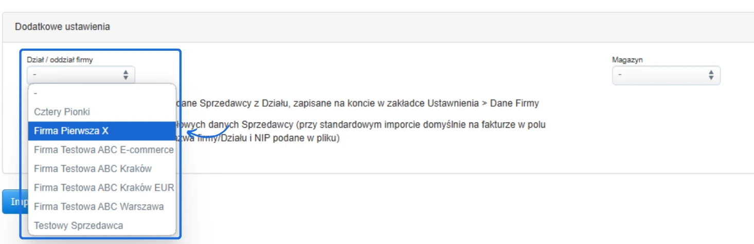 Ekran wyboru działu firmy podczas importu faktur z listą dostępnych działów, takich jak Firma Pierwsza X i Firma Testowa ABC Kraków.