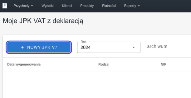 Panel generowania JPK VAT z deklaracją, przycisk 'Nowy JPK V7', wybór roku 2024, sekcja 'Moje JPK VAT z deklaracją' w systemie Fakturownia.