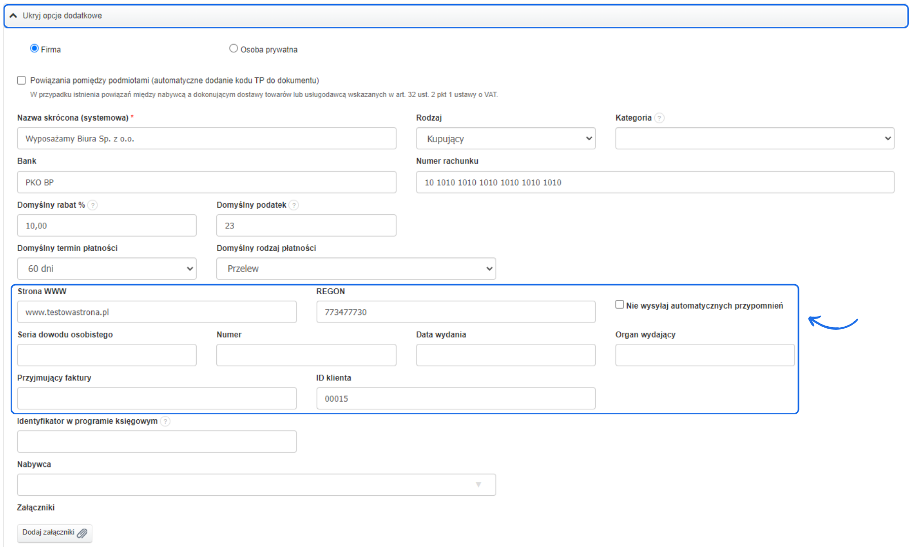 Dodatkowe pola do uzupełnienia w karcie klienta takie jak strona www, REGON, ID klienta czy dane o dowodzie osobistym.