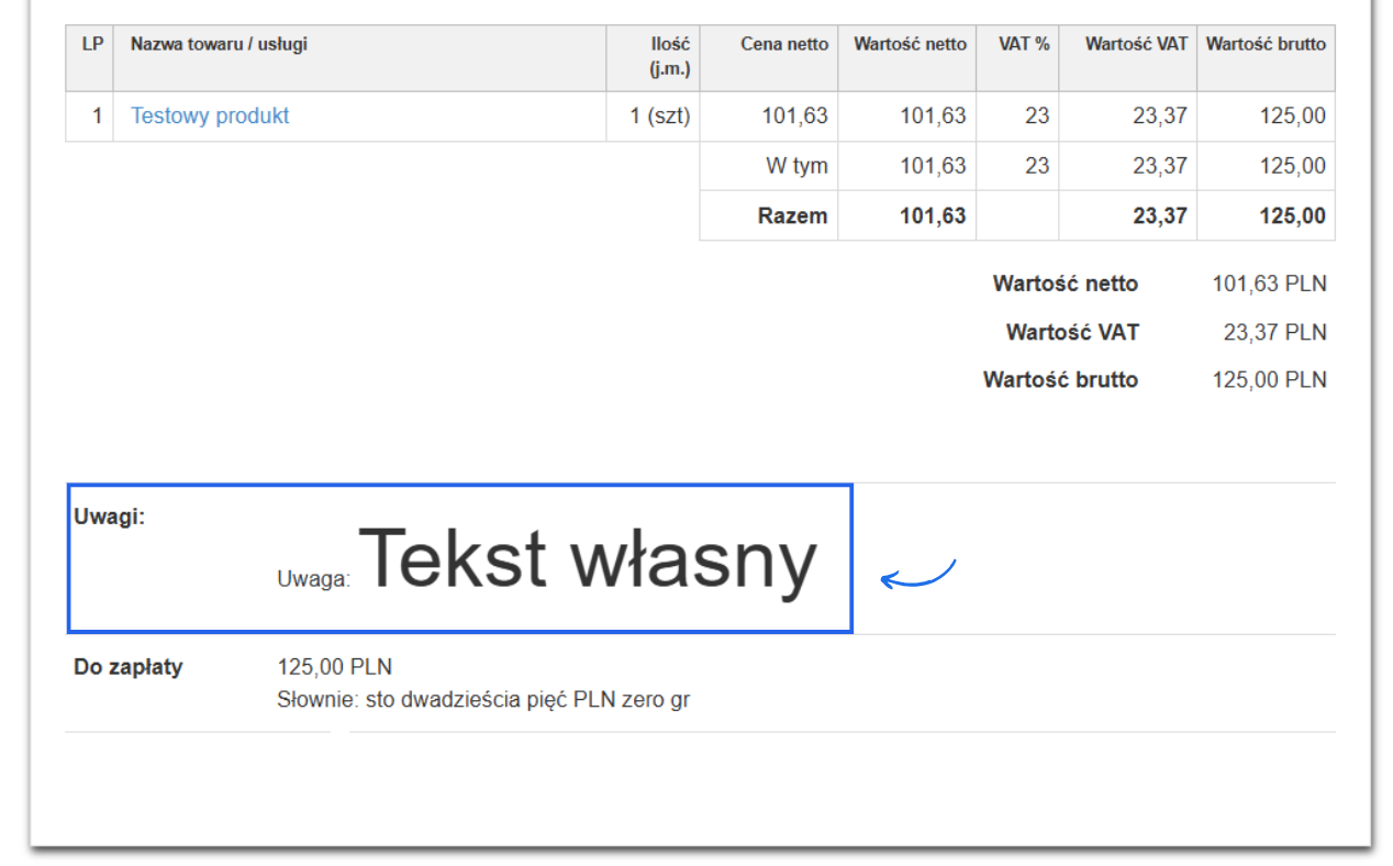 Pole Uwagi na fakturze po zastosowaniu kodu HTML – tekst powiększony do rozmiaru 14.