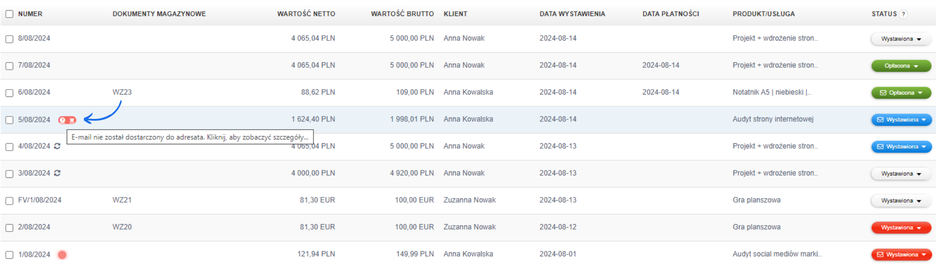 Widok listy faktur z wyróżnioną pozycją, na której e-mail nie został dostarczony do adresata, z ikonami błędu i anulowania oraz komunikatem o niedostarczonym e-mailu.