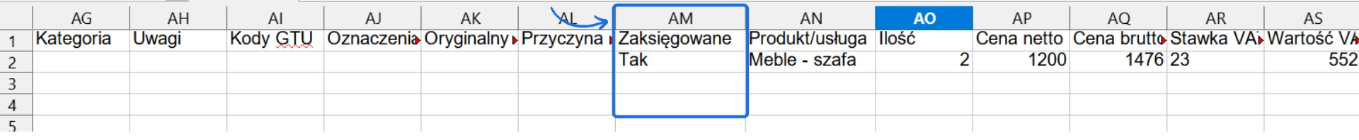 Arkusz XLS z eksportem danych z Fakturowni, zawierający kolumnę 'Zaksięgowane' z wartością 'Tak' oraz szczegóły produktu, ceny i VAT.