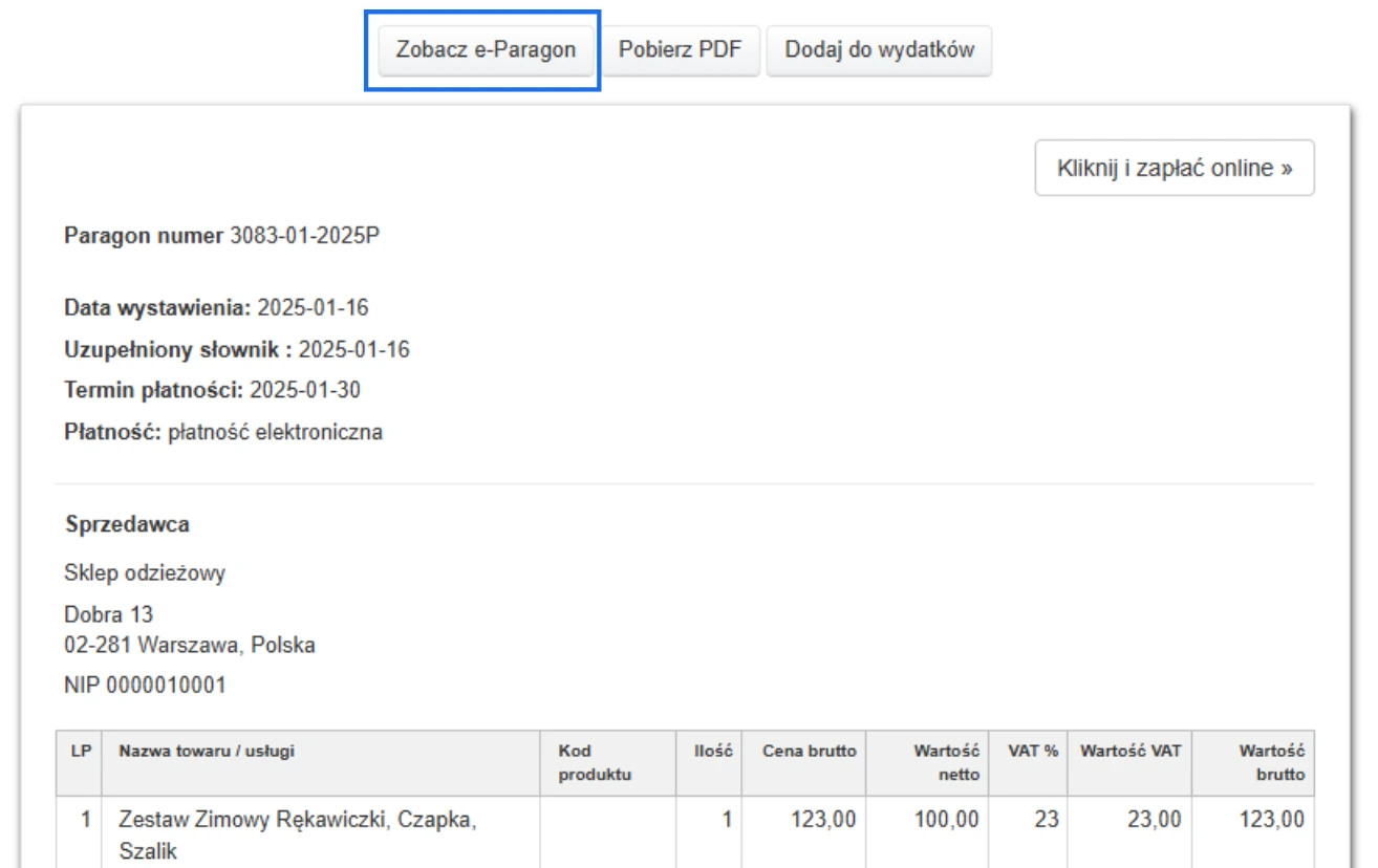 E-paragon 3083-01-2025P ze sklepu odzieżowego za zestaw zimowy: rękawiczki, czapka, szalik – brutto 123 zł, płatność elektroniczna.