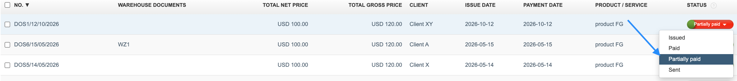 Changing the invoice status to Partially paid in the status menu