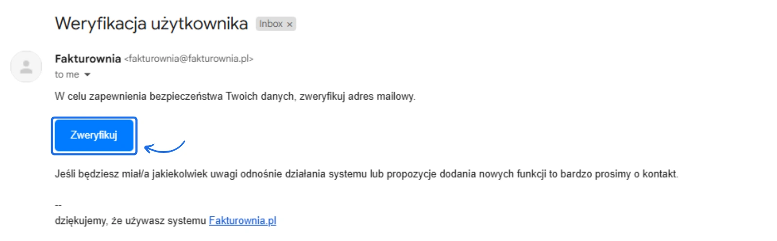 E-mail z Fakturowni z prośbą o weryfikację adresu e-mail. Zawiera przycisk „Zweryfikuj” do potwierdzenia adresu użytkownika.