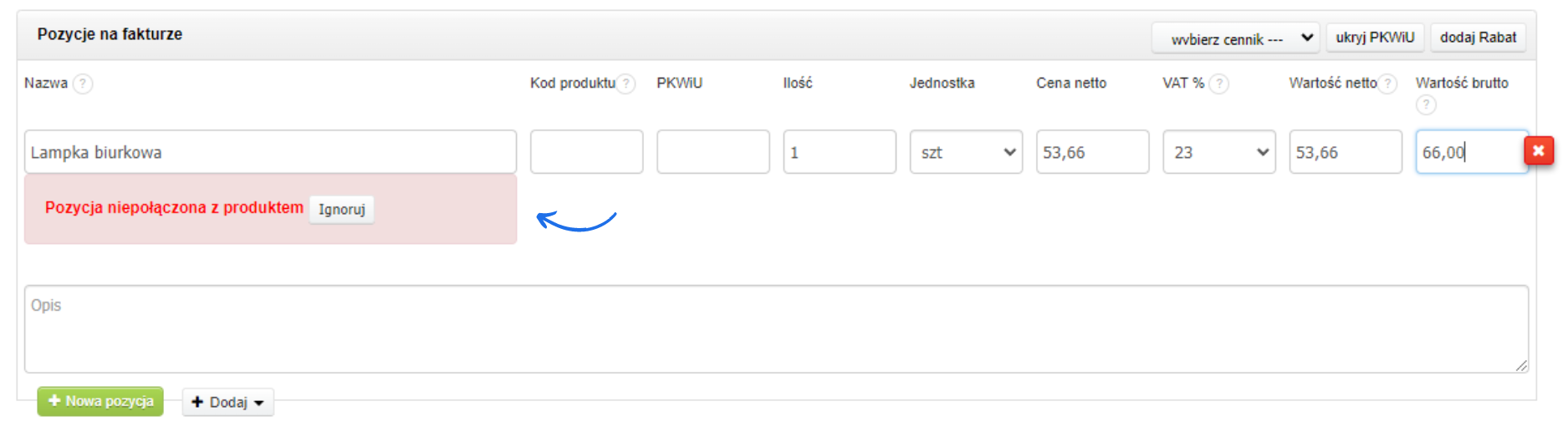 Interfejs dodawania produktu 'Lampka biurkowa' na fakturze z alertem o niepołączeniu z bazą produktów.