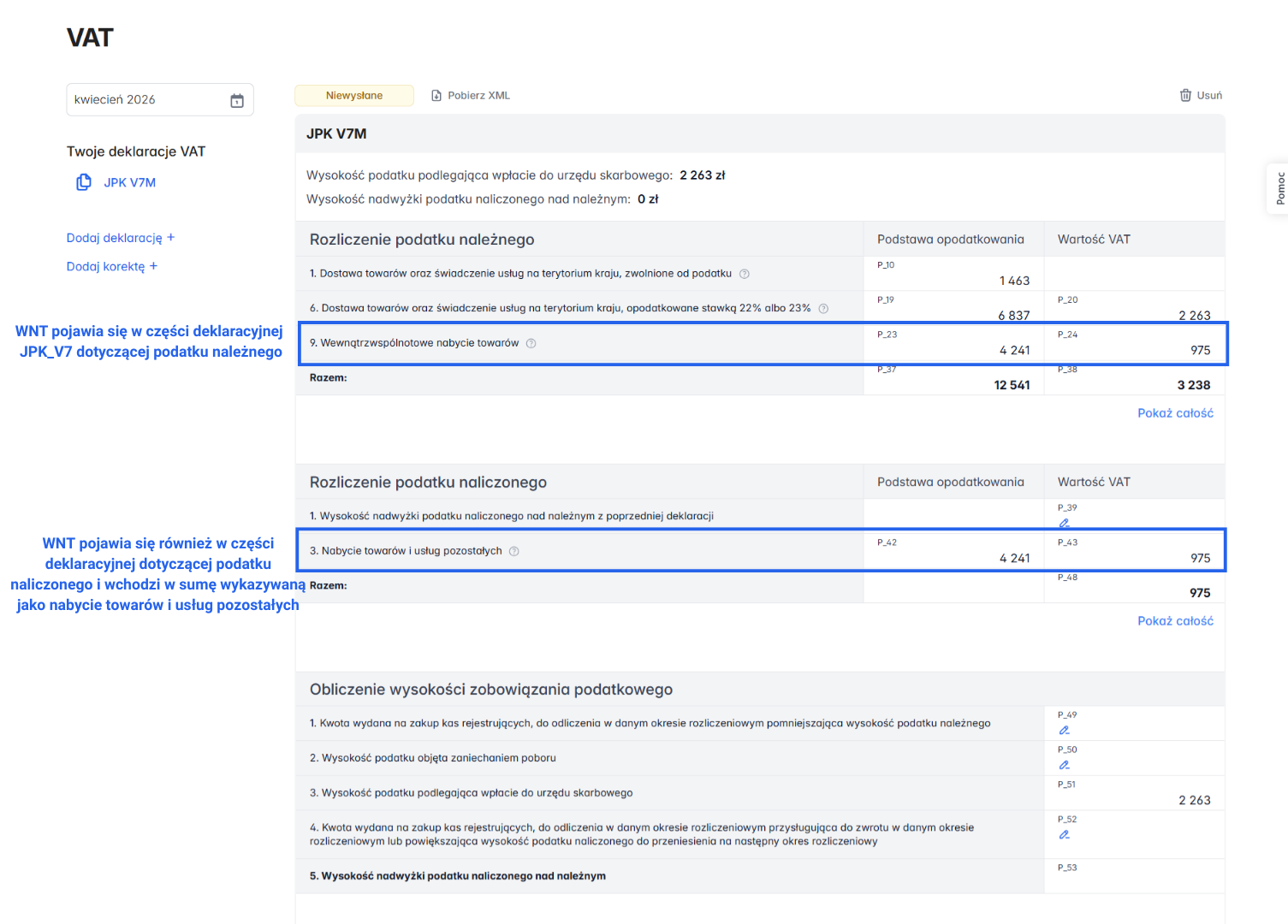 Podsumowanie deklaracji VAT z podziałem na rozliczenie podatku należnego i naliczonego.