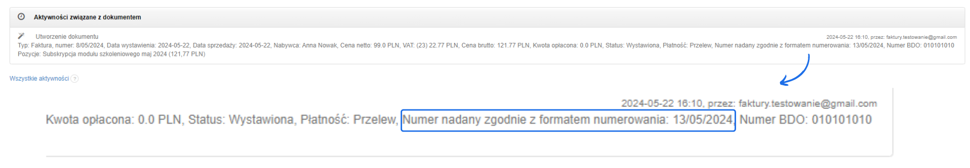 Podgląd faktury w Fakturownia z informacją o nadanym numerze zgodnie z formatem numerowania 13/05/2024 i numerem BDO w aktywnościach związanych z dokumentem.